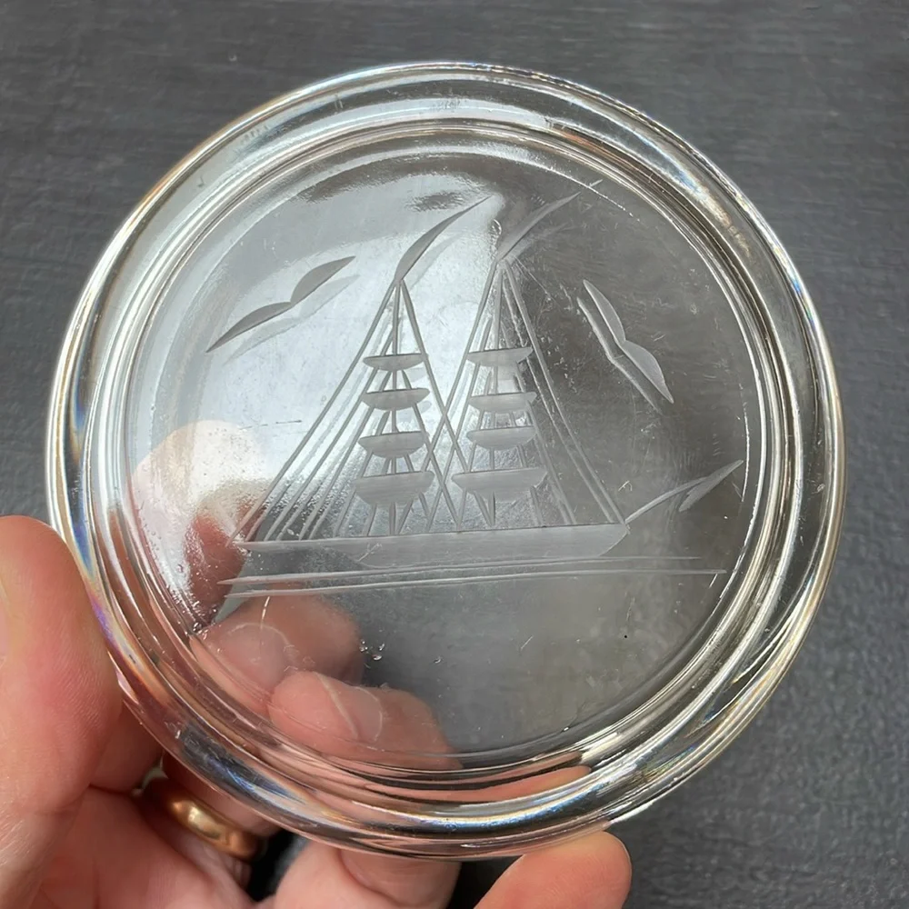 Set of 2 WILLIAMS SONOMA ETCHED SHIP Sails BAR GLASS DRINK COASTER BARWARE